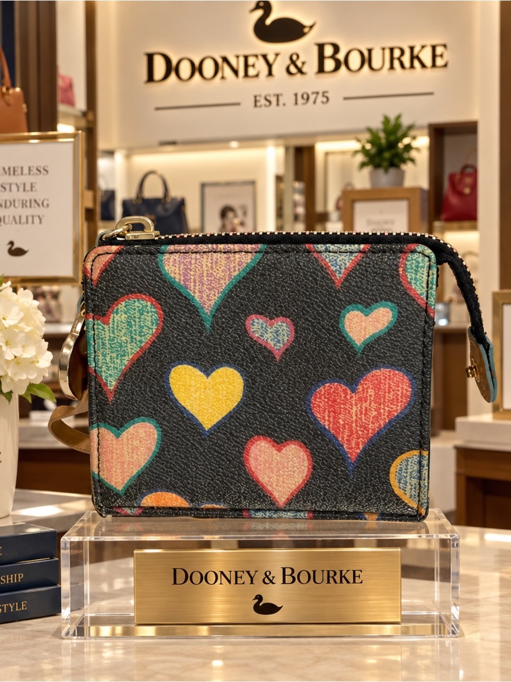 Dooney & Bourke Black Zip Wallet with Multicolor Heart Print